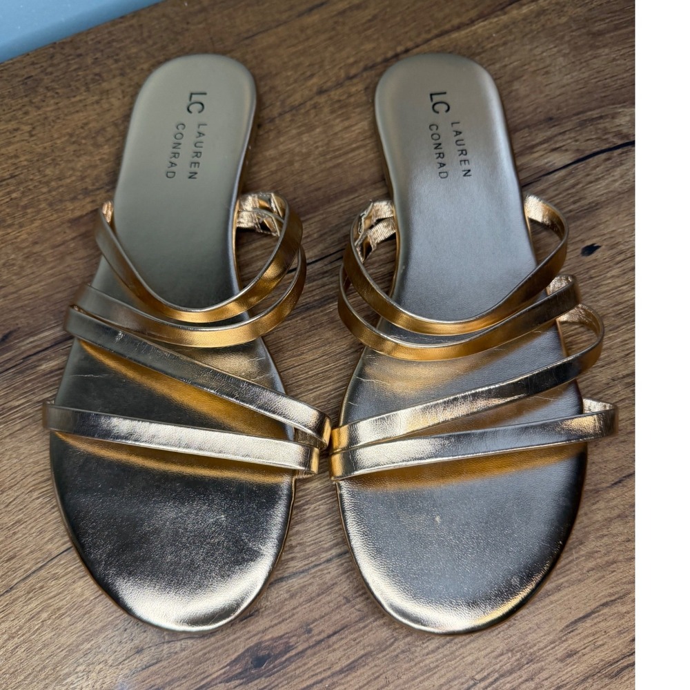LC Lauren Conrad Womens Metallic Rose Gold Strappy Slide Flat Sandals Vacation 8